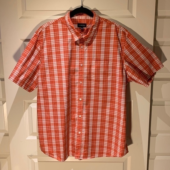 𝅺LOGAN Hill 2XL 18 1/2 shirt plaid orange white short sleeves 100% cotton - Picture 6 of 11